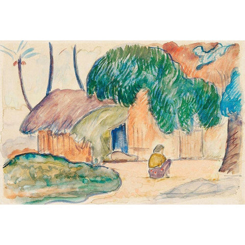 Tahitian Hut White Modern Wood Framed Art Print by Gauguin, Paul