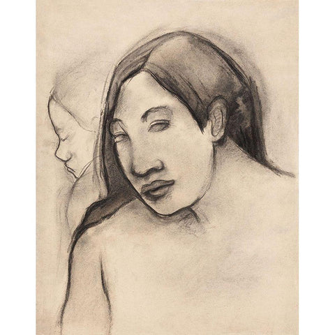 Heads of Tahitian Women, Frontal and Profile Views Black Modern Wood Framed Art Print with Double Matting by Gauguin, Paul