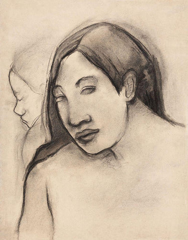 Heads of Tahitian Women, Frontal and Profile Views White Modern Wood Framed Art Print with Double Matting by Gauguin, Paul
