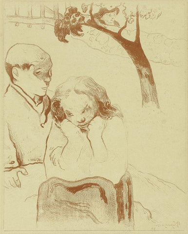 Sad Woman is Sitting with a Man White Modern Wood Framed Art Print with Double Matting by Gauguin, Paul