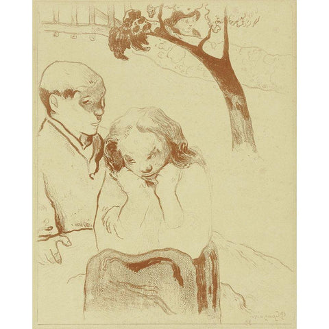 Sad Woman is Sitting with a Man White Modern Wood Framed Art Print by Gauguin, Paul