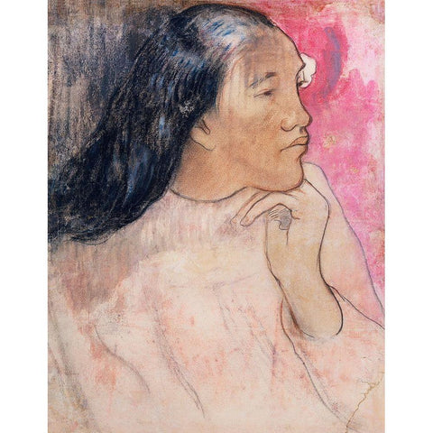 A Tahitian Woman with a Flower in Her Hair Black Modern Wood Framed Art Print with Double Matting by Gauguin, Paul