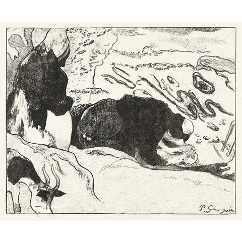 Two Washing Women Wash Clothes by Water Black Modern Wood Framed Art Print with Double Matting by Gauguin, Paul