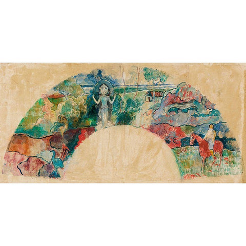 Design for a Fan Featuring a Landscape and a Statue of the Goddess Hina White Modern Wood Framed Art Print by Gauguin, Paul