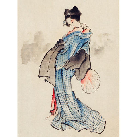 Woman, Full-Length Portrait, Wearing Kimono with Check Design White Modern Wood Framed Art Print by Hokusai, Katsushika