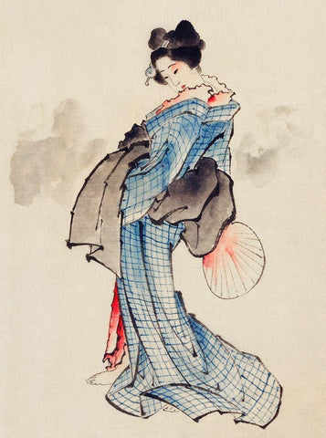 Woman, Full-Length Portrait, Wearing Kimono with Check Design Black Ornate Wood Framed Art Print with Double Matting by Hokusai, Katsushika