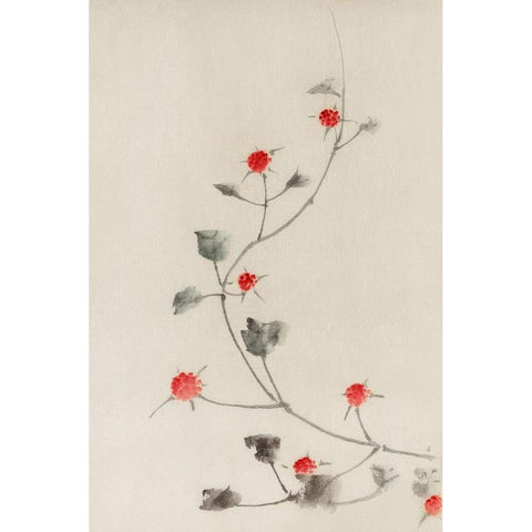 Small Red Blossoms on a Vine White Modern Wood Framed Art Print by Hokusai, Katsushika