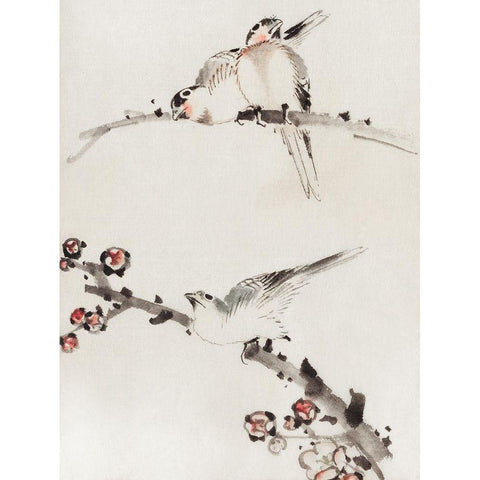 Three Birds Perched on Branches, One with Blossoms Black Modern Wood Framed Art Print with Double Matting by Hokusai, Katsushika