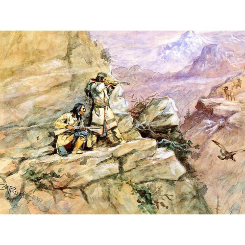 Hunting Big Horn Sheep Black Modern Wood Framed Art Print by Russell, Charles Marion