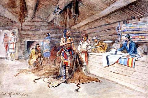Joe Kipps Trading Post Black Ornate Wood Framed Art Print with Double Matting by Russell, Charles Marion