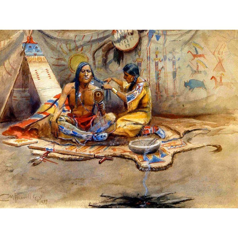 Indian Beauty Parlor Gold Ornate Wood Framed Art Print with Double Matting by Russell, Charles Marion