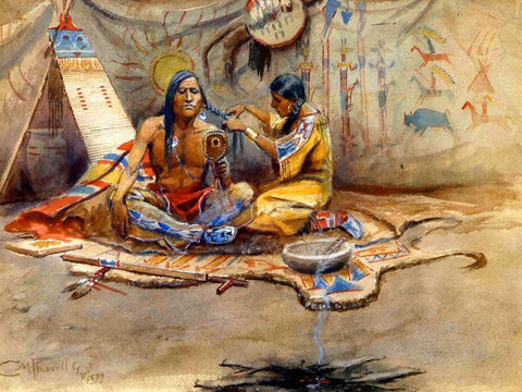 Indian Beauty Parlor Black Ornate Wood Framed Art Print with Double Matting by Russell, Charles Marion