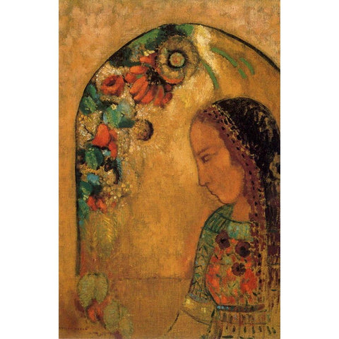 Lady of the Flowers Gold Ornate Wood Framed Art Print with Double Matting by Redon, Odilon