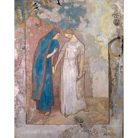 Initiation to Study, Two Young Ladies White Modern Wood Framed Art Print by Redon, Odilon