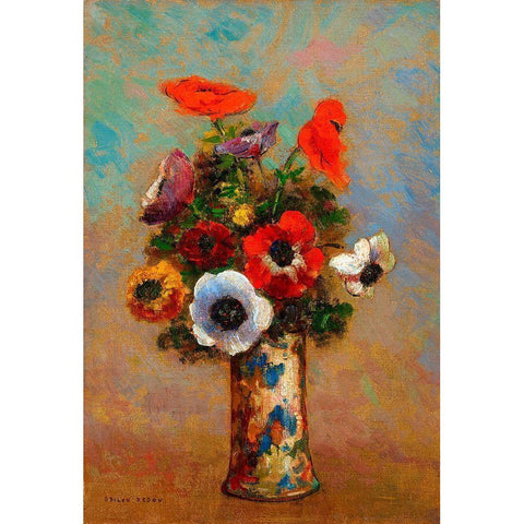 Les Anemones,Still Life with Anemones Gold Ornate Wood Framed Art Print with Double Matting by Redon, Odilon