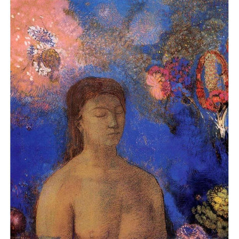 Closed Eyes Blue Background White Modern Wood Framed Art Print by Redon, Odilon