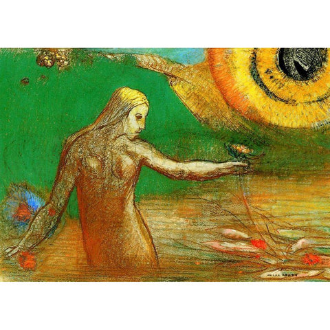 Flower of Blood Gold Ornate Wood Framed Art Print with Double Matting by Redon, Odilon