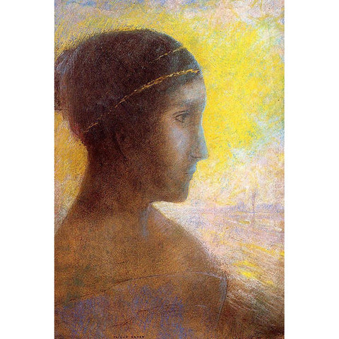 Head of a Young Woman in Profile Gold Ornate Wood Framed Art Print with Double Matting by Redon, Odilon