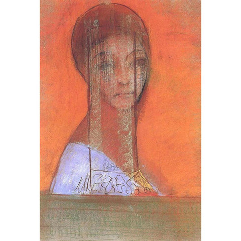 Woman with veil Gold Ornate Wood Framed Art Print with Double Matting by Redon, Odilon