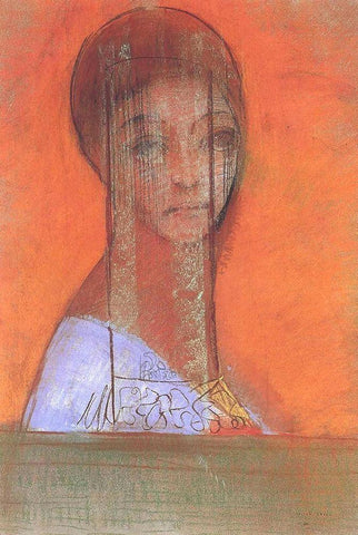 Woman with veil White Modern Wood Framed Art Print with Double Matting by Redon, Odilon