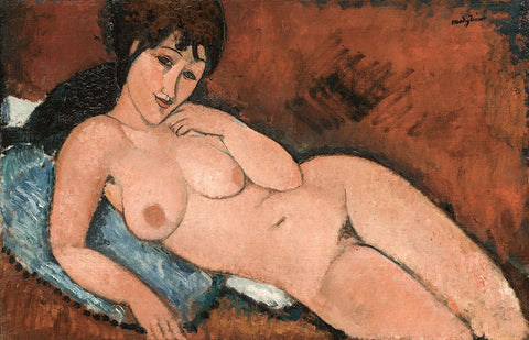 Nude on a Blue Cushion Black Ornate Wood Framed Art Print with Double Matting by Modigliani, Amedeo