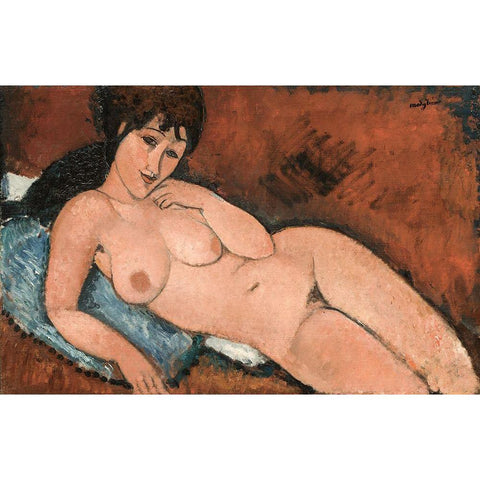 Nude on a Blue Cushion White Modern Wood Framed Art Print by Modigliani, Amedeo