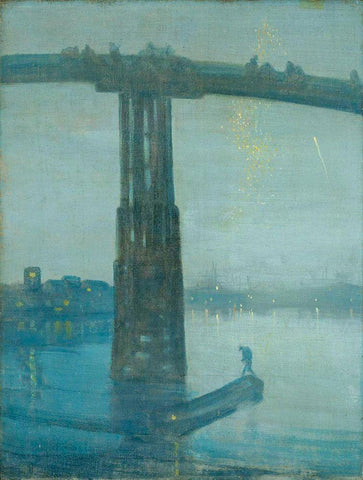 Nocturne, Blue and Gold - Old Battersea Bridge White Modern Wood Framed Art Print with Double Matting by Whistler, James McNeill