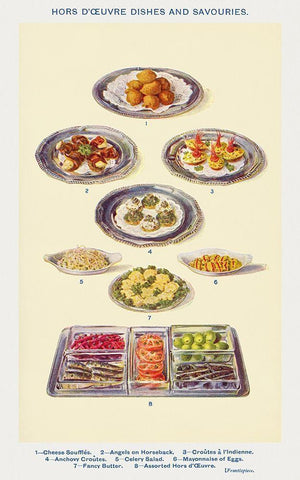 Hors doeuvres dishes and savouries White Modern Wood Framed Art Print with Double Matting by Mrs. Beeton''s Book of Household Management