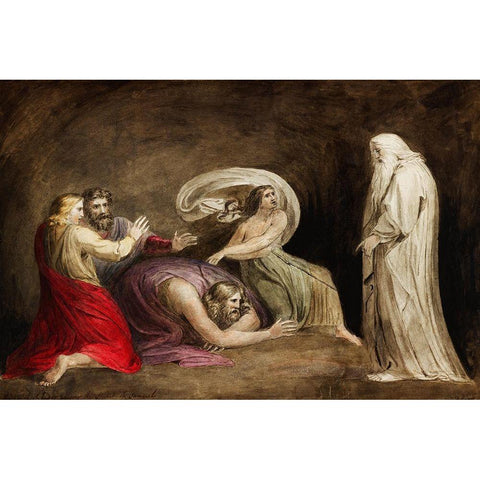 Witch of Endor raising the spirit of Samuel Gold Ornate Wood Framed Art Print with Double Matting by Blake, William