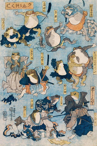 Famous Heroes of the Kabuki Stage Played by Frogs Black Ornate Wood Framed Art Print with Double Matting by Kuniyoshi, Utagawa