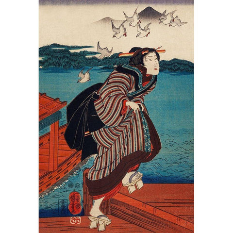 Sanbashi no Onna White Modern Wood Framed Art Print by Kuniyoshi, Utagawa