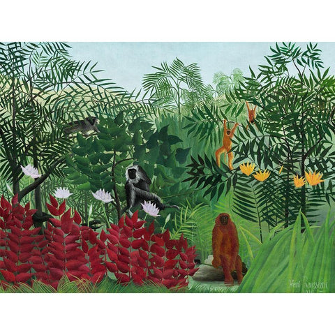 Tropical Forest with MonkeysÂ 1910 White Modern Wood Framed Art Print by Rousseau, Henri