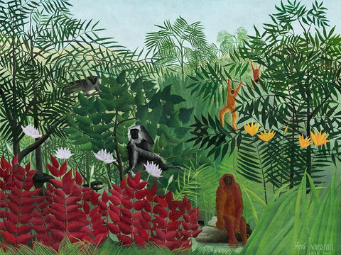 Tropical Forest with MonkeysÂ 1910 White Modern Wood Framed Art Print with Double Matting by Rousseau, Henri