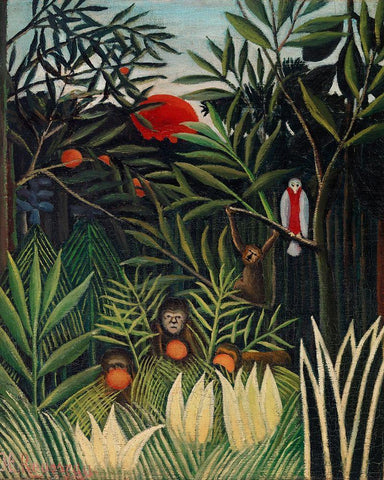 Monkeys and Parrot in the Virgin Forest 1906 Black Ornate Wood Framed Art Print with Double Matting by Rousseau, Henri