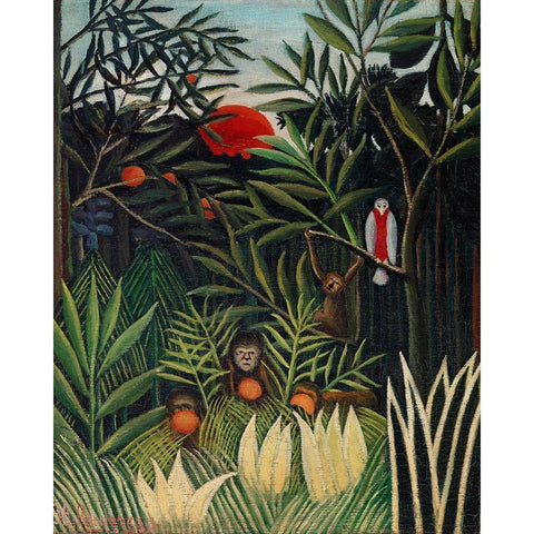 Monkeys and Parrot in the Virgin Forest 1906 White Modern Wood Framed Art Print by Rousseau, Henri