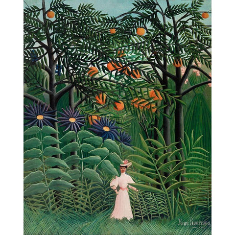 Woman Walking in an Exotic Forest White Modern Wood Framed Art Print by Rousseau, Henri