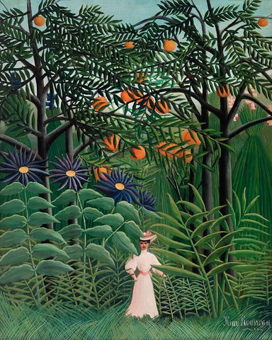 Woman Walking in an Exotic Forest White Modern Wood Framed Art Print with Double Matting by Rousseau, Henri