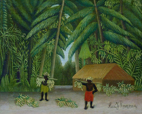 Banana Harvest 1910 White Modern Wood Framed Art Print with Double Matting by Rousseau, Henri