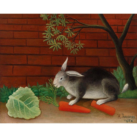 The Rabbits MealÂ 1908 White Modern Wood Framed Art Print by Rousseau, Henri