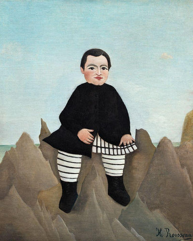 Boy on the Rocks 1897 Black Ornate Wood Framed Art Print with Double Matting by Rousseau, Henri