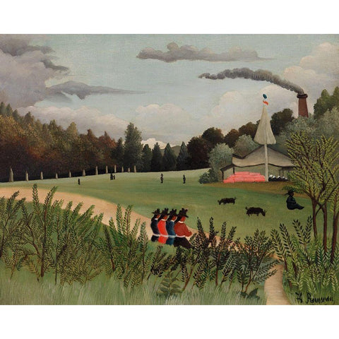 Landscape and Four Young Girls 1895 Black Modern Wood Framed Art Print with Double Matting by Rousseau, Henri