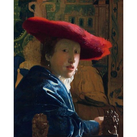 Girl with the Red Hat White Modern Wood Framed Art Print by Vermeer, Johannes