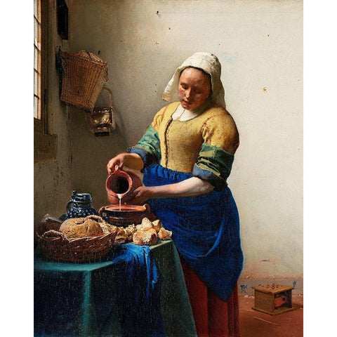 The Milkmaid Black Modern Wood Framed Art Print with Double Matting by Vermeer, Johannes