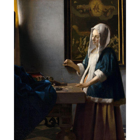 Woman Holding a Balance Black Modern Wood Framed Art Print with Double Matting by Vermeer, Johannes