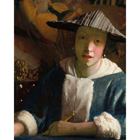 Girl with a Flute Gold Ornate Wood Framed Art Print with Double Matting by Vermeer, Johannes