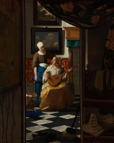 The Love Letter Black Ornate Wood Framed Art Print with Double Matting by Vermeer, Johannes