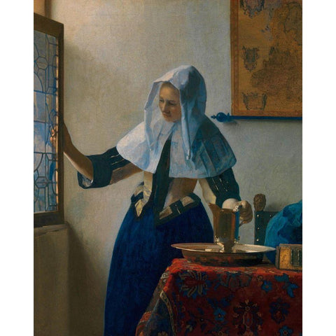 Young Woman with a Water Pitcher Gold Ornate Wood Framed Art Print with Double Matting by Vermeer, Johannes