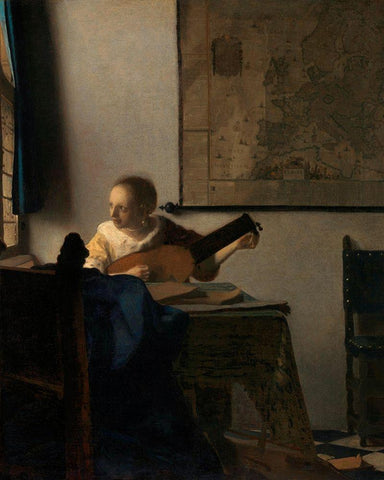 Young Woman with a Lute White Modern Wood Framed Art Print with Double Matting by Vermeer, Johannes