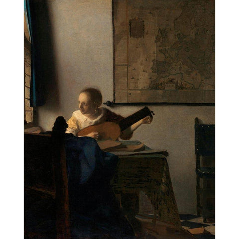 Young Woman with a Lute Black Modern Wood Framed Art Print with Double Matting by Vermeer, Johannes