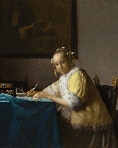 A Lady Writing a Letter White Modern Wood Framed Art Print with Double Matting by Vermeer, Johannes